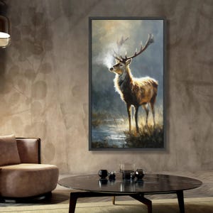 Majestueus hert in ochtendmist, wildlife canvas muurkunst, natuur dierenschilderij, decor rustiek huis, klaar om op te hangen canvaskunst afbeelding 3