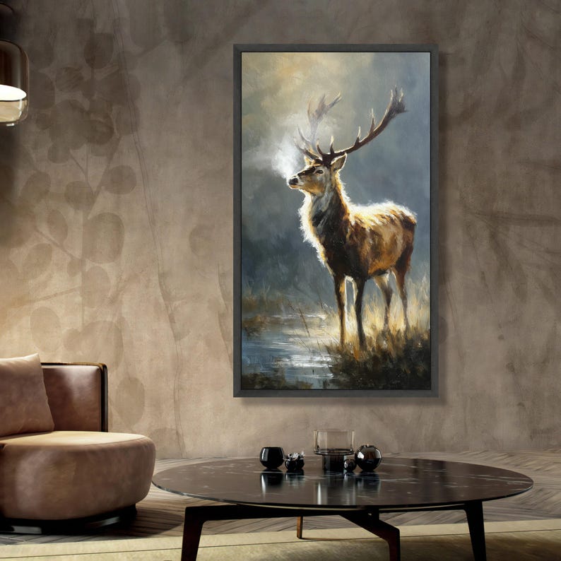 Majestueus hert in ochtendmist, wildlife canvas muurkunst, natuur dierenschilderij, decor rustiek huis, klaar om op te hangen canvaskunst afbeelding 3