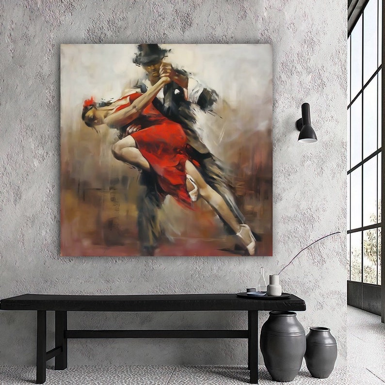 May include: A painting of a couple dancing the tango. The woman is wearing a red dress and the man is wearing a black suit. The painting is done in a realistic style with a focus on the movement of the dancers.
