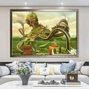May include: A surreal painting of a giant octopus with a city built on its back. The octopus's tentacles are winding roads and bridges, and a train is traveling across one of them. The city is surrounded by water, and a whale is swimming in the water.