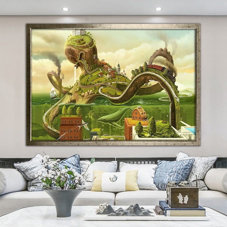 May include: A surreal painting of a giant octopus with a city built on its back. The octopus's tentacles are winding roads and bridges, and a train is traveling across one of them. The city is surrounded by water, and a whale is swimming in the water.