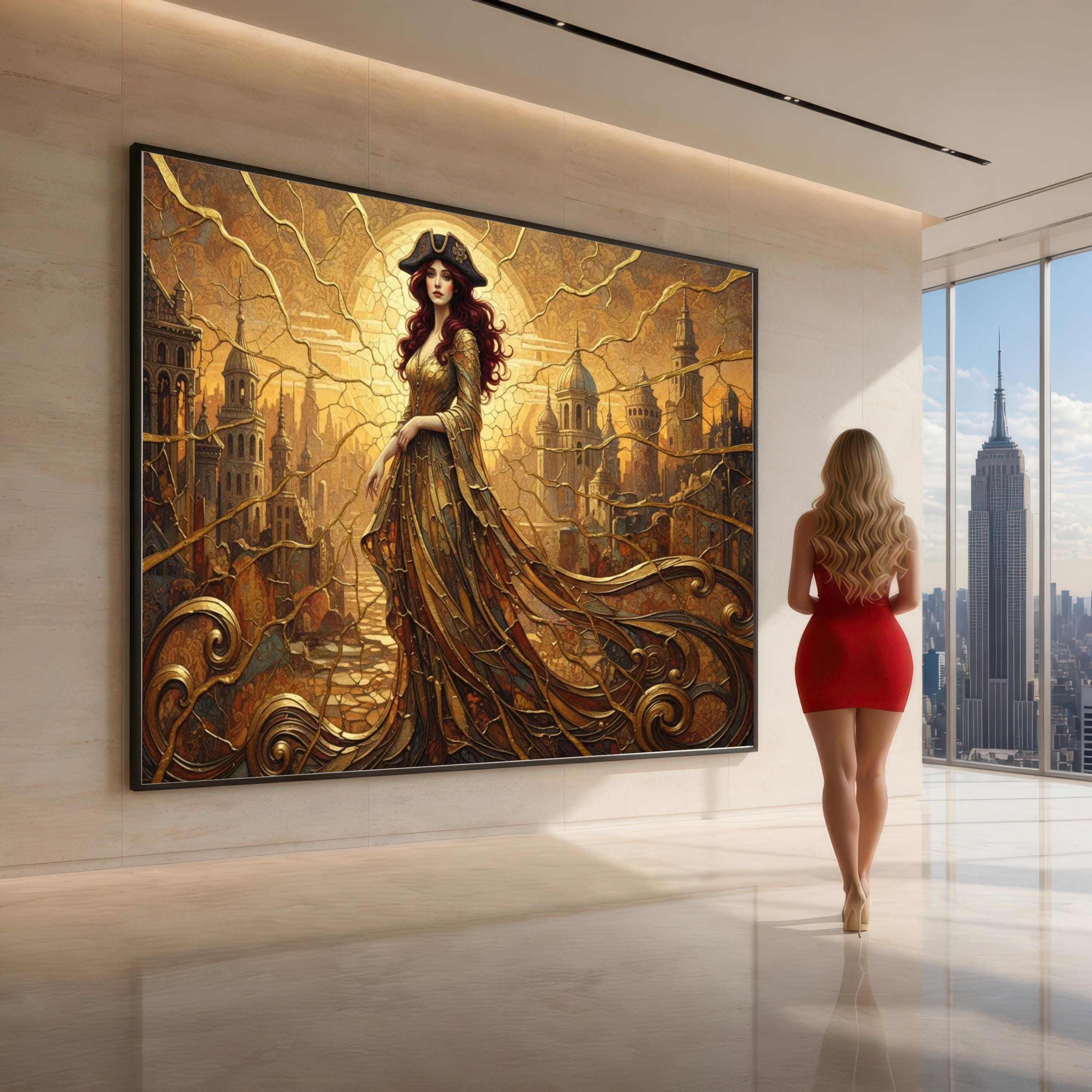 Art Nouveau Woman Canvas Print Wall Art, Vintage Gothic Fantasy Portrait in Gold Brown, Elegant Maximalist Decor