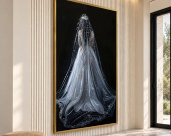 May include: A vertical rectangular wall art piece featuring a painting of a figure seen from behind, wearing a long white wedding dress and a flowing, sheer veil adorned with small white pearls, set against a solid black background.