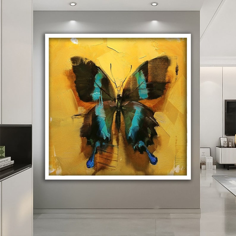 May include: A painting of a blue and black butterfly on a yellow background.