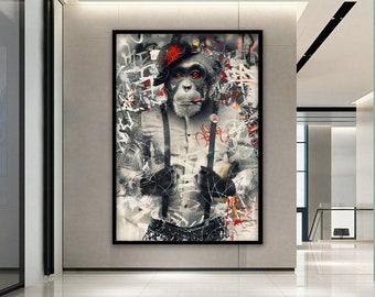 monkey man canvas, kleurrijke apenkunst, dierenmuur decor, aap, kunst aan de muur, grote kunst aan de muur, banksy aap, ingelijst canvas klaar om op te hangen