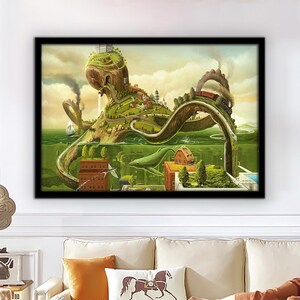 May include: A surreal digital painting of a green, leafy island shaped like an octopus with a train track winding through its tentacles. The island is surrounded by water and a whale swims below.