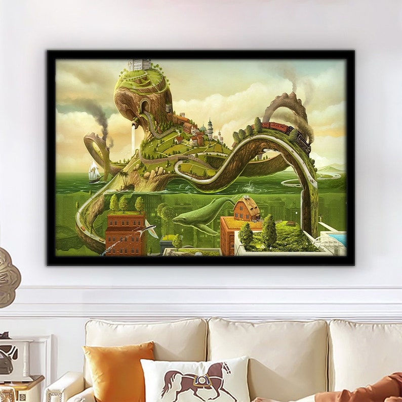 May include: A surreal digital painting of a green, leafy island shaped like an octopus with a train track winding through its tentacles. The island is surrounded by water and a whale swims below.