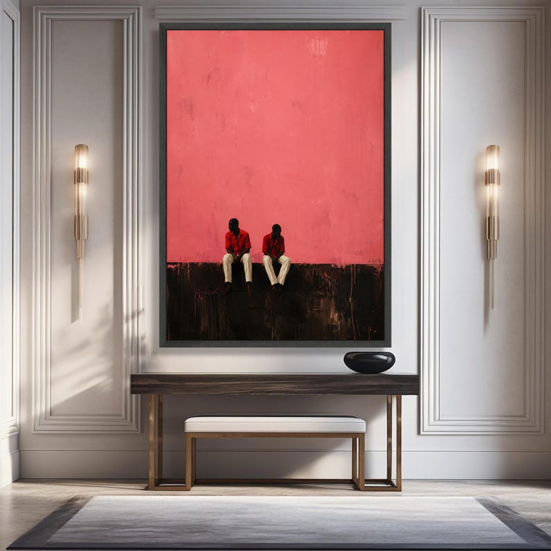 Minimalist Two Men Sitting Wall Art, Modern Canvas with Pink and Black Background, Contemporary Urban Scene, Stylish Home Decoration image 3