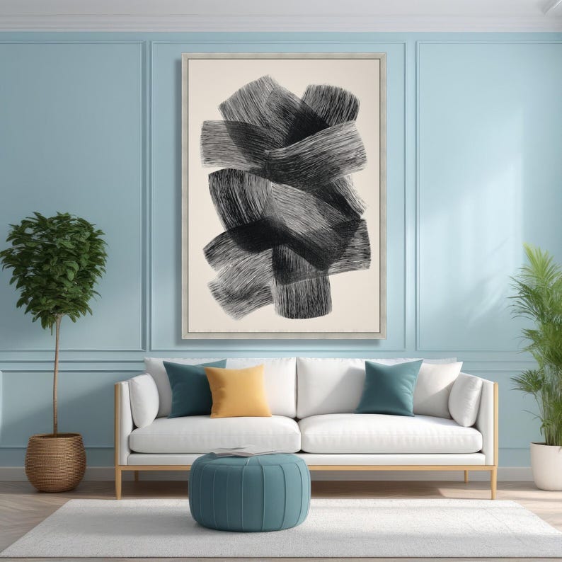 Modern Black and White Abstract Canvas, Textured Brushstroke Wall Art ...