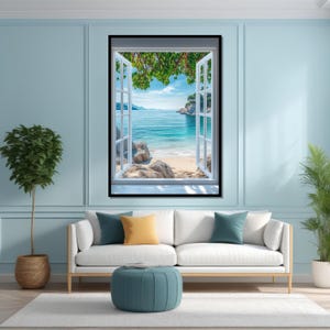 Seaside Faux Window Canvas, Ocean View Wall Art, Beach Escape Print, Tropical Scenery Decor, Wall Art Canvas Design, Ready to Hang