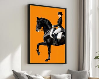 May include: A black horse with a rider in a black jacket and white breeches on an orange background.