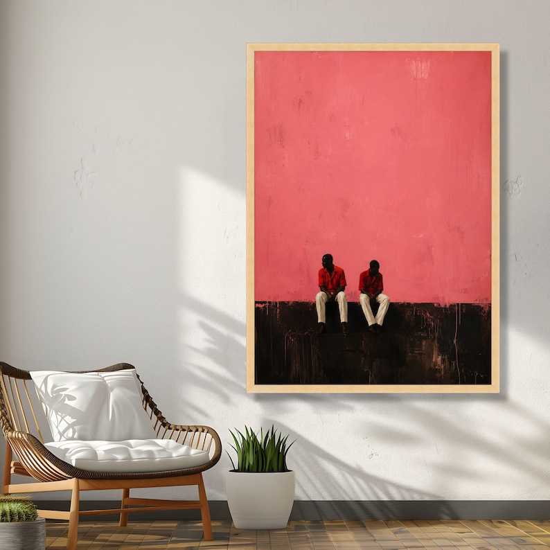 Minimalist Two Men Sitting Wall Art, Modern Canvas with Pink and Black Background, Contemporary Urban Scene, Stylish Home Decoration image 6