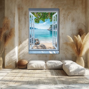 Seaside Faux Window Canvas, Ocean View Wall Art, Beach Escape Print, Tropical Scenery Decor, Wall Art Canvas Design, Ready to Hang