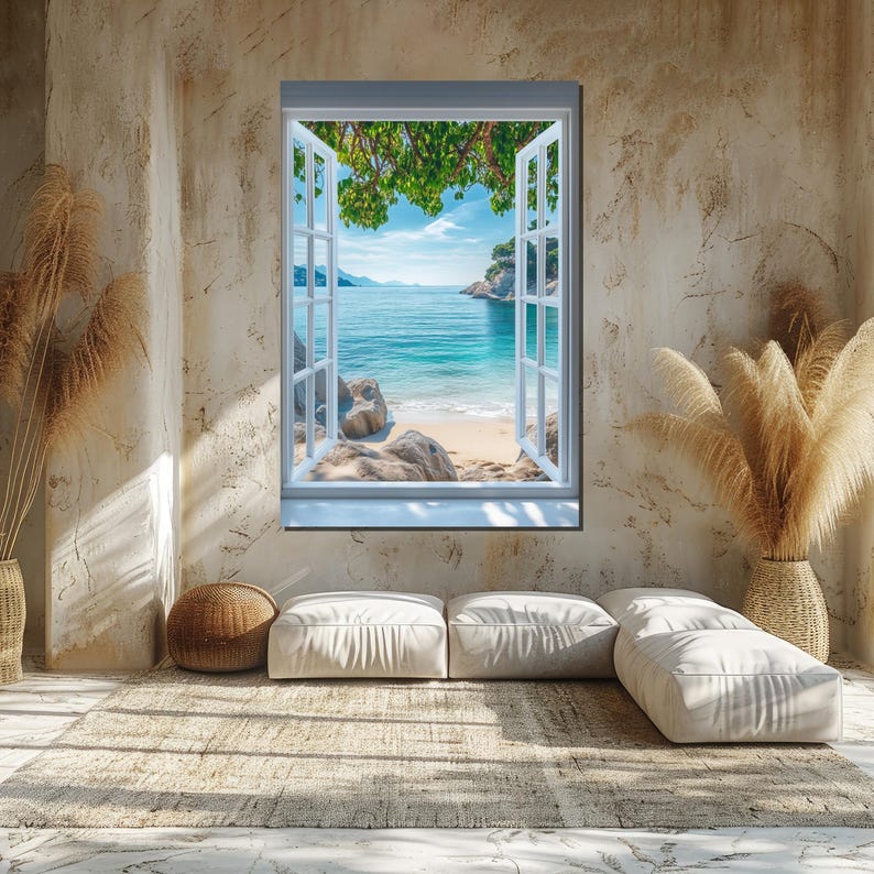 Seaside Faux Window Canvas, Ocean View Wall Art, Beach Escape Print, Tropical Scenery Decor, Wall Art Canvas Design, Ready to Hang