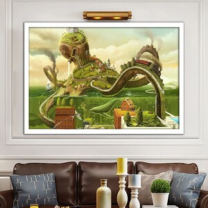 May include: A surreal painting of a giant green octopus with a city built on its back. The octopus's tentacles are reaching up and out, and there is a train running along one of them. The octopus is partially submerged in water, and there is a whale swimming beneath it.