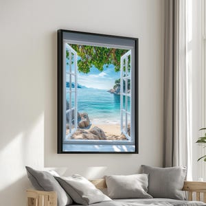 Seaside Faux Window Canvas, Ocean View Wall Art, Beach Escape Print, Tropical Scenery Decor, Wall Art Canvas Design, Ready to Hang
