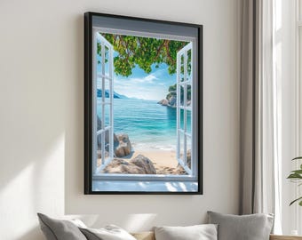 Fönsterkonst med havsutsikt, väggkonst med havsutsikt, tryck med strandflykt, tropisk landskapsdekor, väggkonst med canvasdesign, redo att hängas