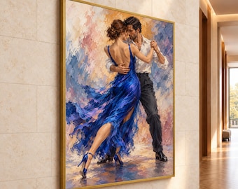 May include: An oil painting in a gold frame depicting a couple dancing. A person wears a flowing, backless royal blue dress with high heels, while the other wears a white button-down shirt and black trousers. The background features textured, abstract brushstrokes in shades of blue, orange, and cream.