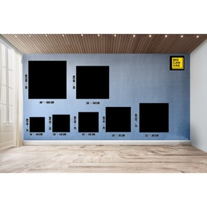 May include: A comparison of different canvas sizes for artwork. The sizes are shown in inches and centimeters. The smallest size is 16 inches by 40 centimeters, and the largest size is 40 inches by 100 centimeters.