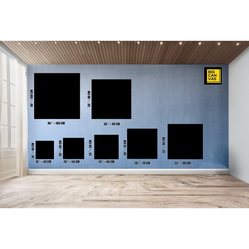 May include: A comparison of different canvas sizes for artwork. The sizes are shown in inches and centimeters. The smallest size is 16 inches by 40 centimeters, and the largest size is 40 inches by 100 centimeters.