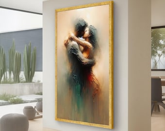 May include: Abstract art print of a couple embracing and kissing, rendered in a textured, painterly style. The artwork features a warm color palette with gold, brown, and touches of green and red. The framed piece is displayed on a white wall.
