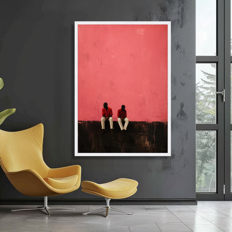Minimalist Two Men Sitting Wall Art, Modern Canvas with Pink and Black Background, Contemporary Urban Scene, Stylish Home Decoration image 5