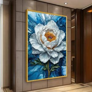 白い牡丹の花のキャンバス、花柄の壁アート、青い抽象的な背景、室内装飾画、自然のキャンバスプリント、すぐに掛けられる