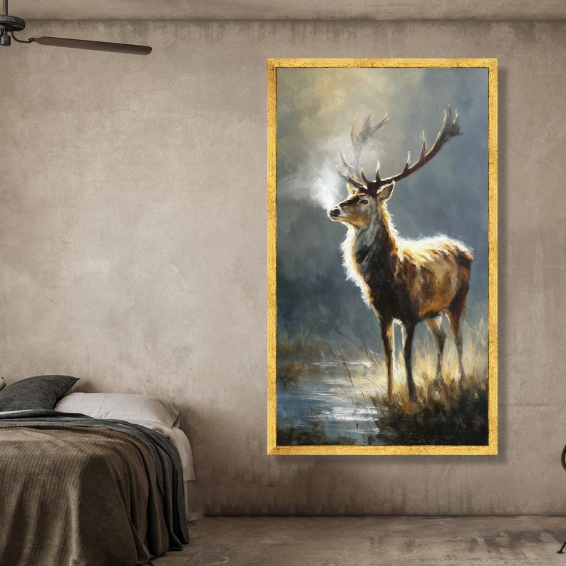 Majestueus hert in ochtendmist, wildlife canvas muurkunst, natuur dierenschilderij, decor rustiek huis, klaar om op te hangen canvaskunst afbeelding 2