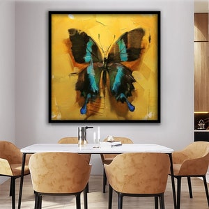 May include: A painting of a blue and black butterfly with yellow wings on a yellow background.