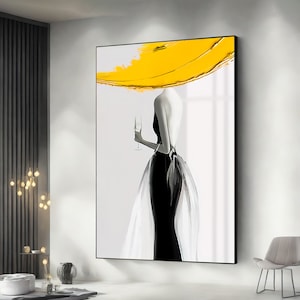 Donna con cappello giallo, pittura su tela donna astratta, pittura su tela di moda, poster artistico donna, pittura su tela pronta per essere appesa