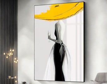 Woman in yellow hat, Abstract woman canvas painting, Fashion canvas painting, Woman art poster, Ready to hang canvas painting