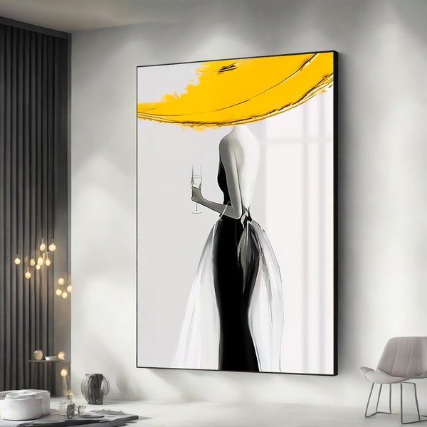 Femme au chapeau jaune, peinture sur toile femme abstraite, peinture sur toile mode, affiche d'art femme, peinture sur toile prête à accrocher