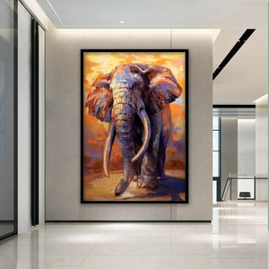 May include: A painting of an elephant with large tusks standing in a field with a sunset in the background. The elephant is painted in shades of blue, purple, and gray. The background is painted in shades of orange, yellow, and red.