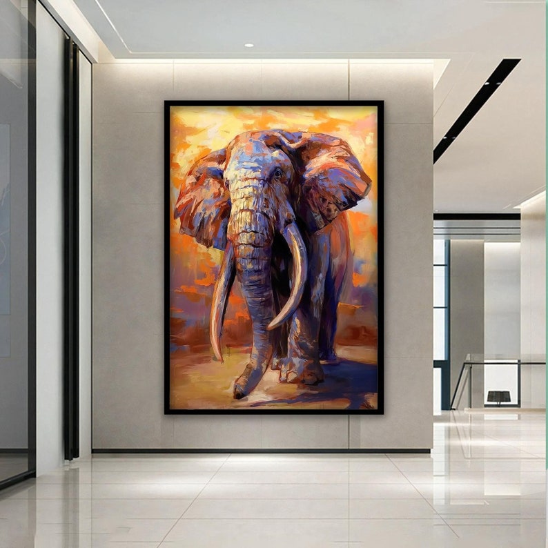 May include: A painting of an elephant with large tusks standing in a field with a sunset in the background. The elephant is painted in shades of blue, purple, and gray. The background is painted in shades of orange, yellow, and red.