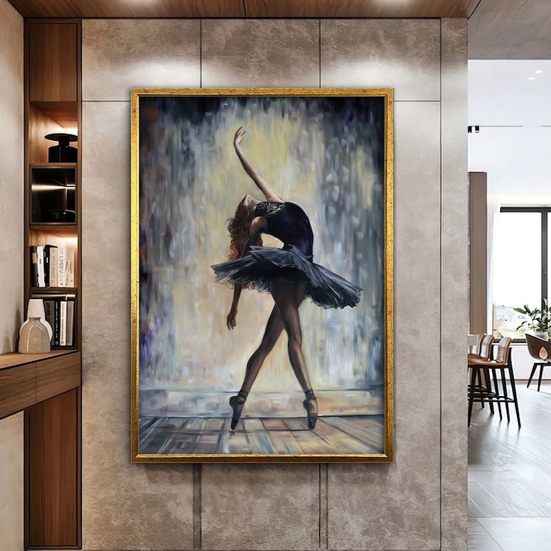 May include: A painting of a ballerina in a black tutu, with a blurred background of a stage or studio. The ballerina is in mid-pose, with her arms outstretched and her head tilted back.