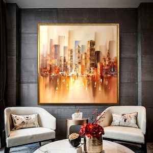 city skyline abstract painting,large city abstract painting on canvas, wall city painting, new york city art, framed canvas ready to hang
