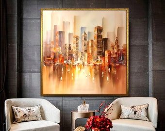 skyline van de stad abstract schilderij, grote stad abstract schilderij op canvas, muur stad schilderij, New York City kunst, ingelijst canvas klaar om op te hangen