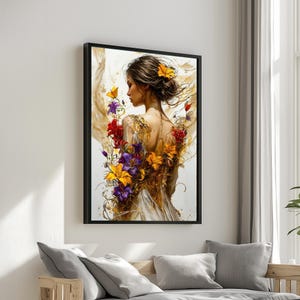 Elegant Floral Woman Canvas, Floral Portrait Art, Vibrant Flower Dress Art, Wall Art Canvas Design, Ready to Hang Decoration