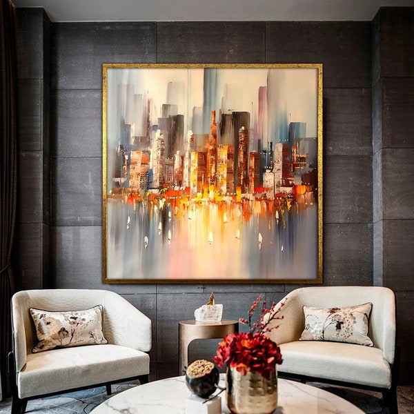 Stadt Skyline Abstraktes Gemälde, Große Stadt Abstrakte Malerei auf Leinwand, Wand Stadt Gemälde, New York City Kunst, gerahmte Leinwand fertig zum Aufhängen