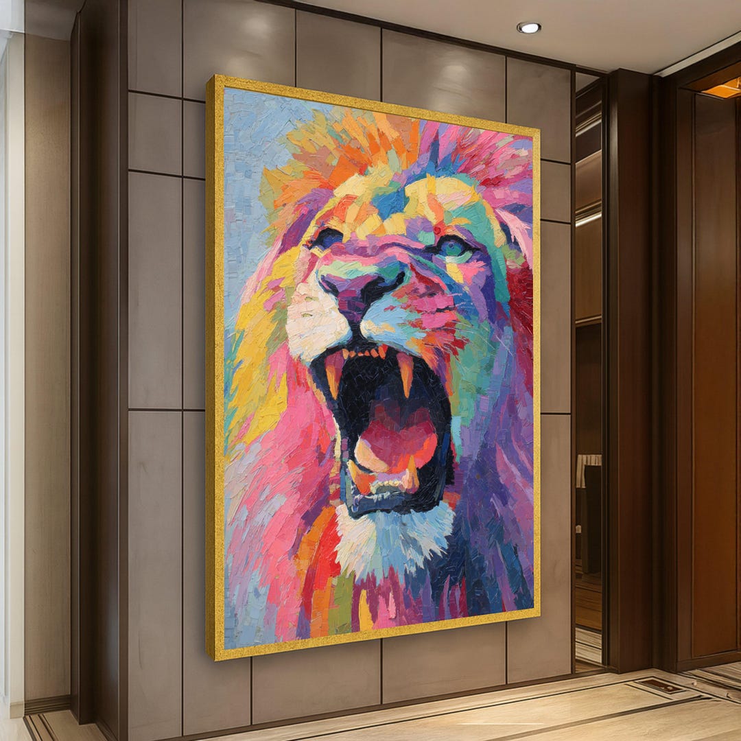 Vibrant Roaring Lion Canvas Wall Art, Colorful Abstract Animal Painting ...