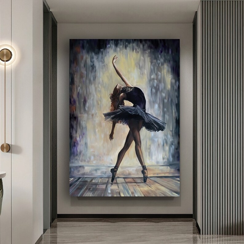 May include: A painting of a ballerina in a black tutu, dancing on a wooden floor. The background is a blurred, colorful abstract design.