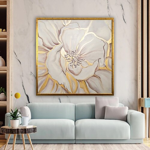 White and Gold Flowers Wall Art Luxury Flowers Wall Decor Etsy