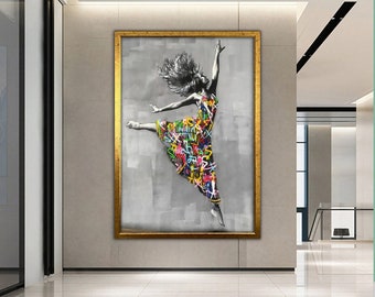 Arte mural de graffiti de mujer, pintura de lienzo de calle, decoración de pared de graffiti, arte de pared de Banksy, impresión de graffiti, arte de lienzo enmarcado