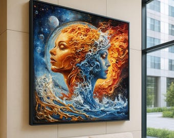 Elemental Duality Faces, Fire and Water Canvas Wall Art, Abstract Fantasy Portrait, Cosmic Ocean Flames, Surreal Home Decoration