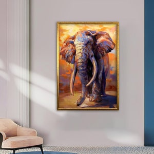 May include: A painting of an elephant with large tusks standing in a field with a sunset in the background. The elephant is painted in shades of blue, purple, and orange.
