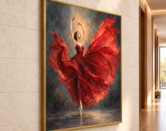 May include: A framed wall art piece depicting a dancer in a flowing red dress with a full, layered skirt. The dancer is captured in a mid-motion pose with arms raised against a dark, textured background with golden light accents.