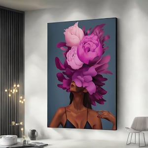Arte de pared de flores de cabeza de mujer negra, reina negra afroamericana, cartel de mujer de flores, arte negro, impresión de niña negra, arte de mujer negra