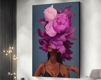 Zwarte vrouw hoofd bloemen kunst aan de muur, Afro-Amerikaanse zwarte koningin, bloem vrouw poster, zwarte kunst, zwarte meisje print, zwarte vrouw kunst