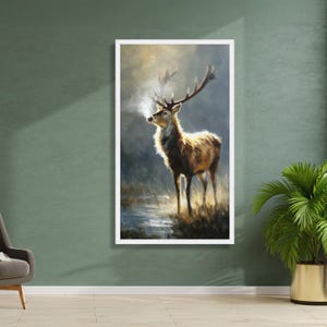 Majestueus hert in ochtendmist, wildlife canvas muurkunst, natuur dierenschilderij, decor rustiek huis, klaar om op te hangen canvaskunst afbeelding 5