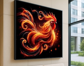 Fiery Rooster Canvas Wall Art, Flaming Bird Illustration, Vibrant Animal Decor, Dynamic Fire Feather Design, Ready to Hang Artwork